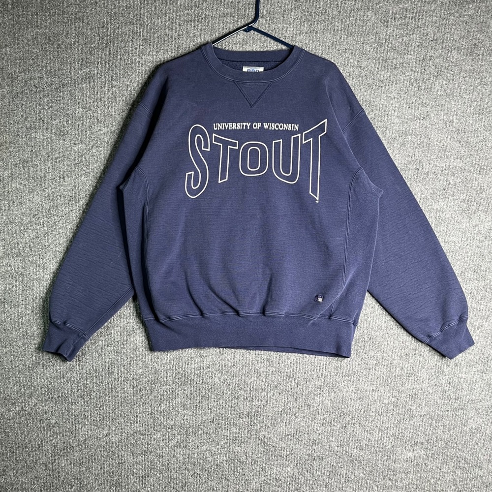Vintage Russell Athletic Pro Cotton UW Stout Sweatshirt Mens Large Navy Blue USA